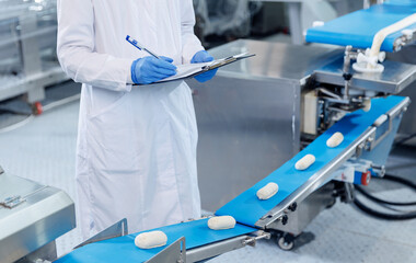 Puff pastry production inspection, quality check on automated conveyor line, food industry factory