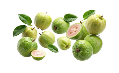 A vibrant and appetizing display of fresh green guavas with leaves on white
