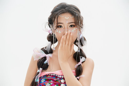 Asian women wearing Hani ethnic costumes, a minority group in China