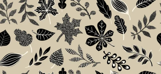 Fototapete Der Raum Muster  Abstract art vintage colors tropical line art leaves seamles background vector. Wallpaper design with leaves shapes and scribble doodle linear leaf. vintage botanical floral seamless pattern  © Hulinska Yevheniia