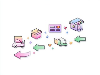 Fototapeta premium Whimsical colorful cartoon icons of order process steps cart, credit card, box, truck, and doorstep aligned horizontally with playful arrows connecting them