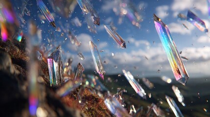 Crystal shards is raining downward from the sky, shimmering with rainbow glimmers