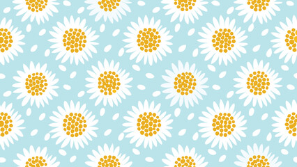 A repeating pattern of white daisies with yellow centers on a light blue background with white spots