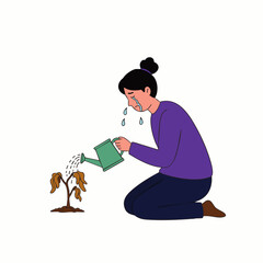 A person weeps while kneeling and watering a dying plant, illustrating profound sadness, the struggle against failure, and the emotional pain of loss.