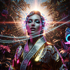 the woman is wearing a shiny/glossy golden kimono in the sunlight, in the style of cyberpunk realism, enigmatic tropics full of light, glamorous hollywood photorealistic portraits, detailed character 