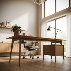A cozy Scandinavian home office, natural oak desk, ambient lighting from a floor-to-ceiling window, captured from a low angle to emphasize spaciousness, ultra realistic, many details, studio light + s