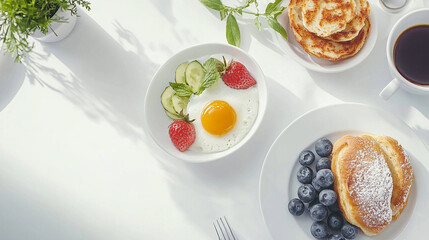 Fried eggs with crispy bacon and fresh vegetables on a plate for breakfast.