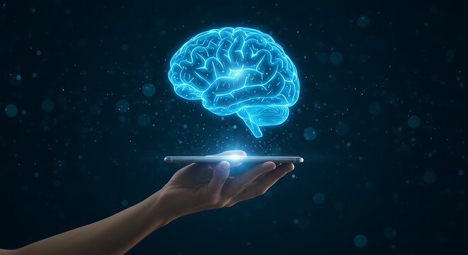 A glowing, holographic brain hovers above a hand holding a smartphone, against a dark blue background.