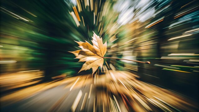 A single autumn leaf falling with a motion blur effect, symbolizing the changing seasons