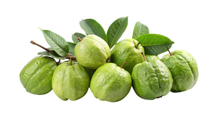 A group of guava fruits surrounded by guava leaves on a white background