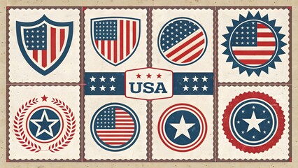 Collection of american flag themed postage stamps and emblems