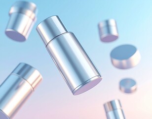 Fototapeta premium 3D render of futuristic skincare packaging with metallic finish floating against a minimal modern background.