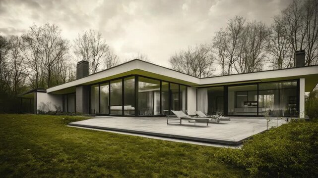 A two-story MCM home with geometric design, outdoor seating area.
