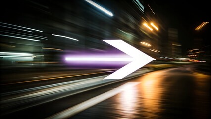 Fototapeta premium White arrow with purple light moving forward with motion blur at night