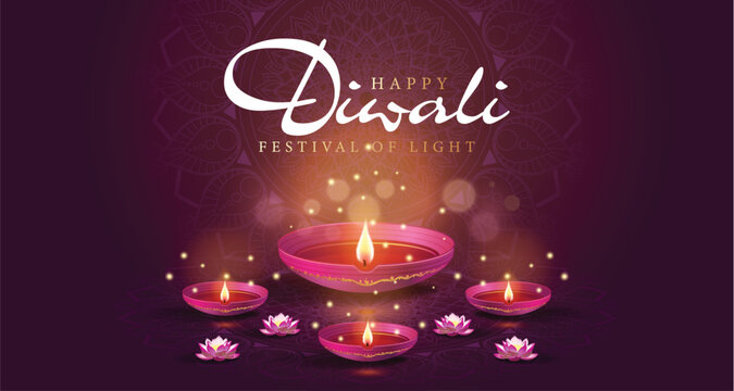 3d happy Diwali greetings, Diya decoration with Rangoli design. mandala pattern in purple background template