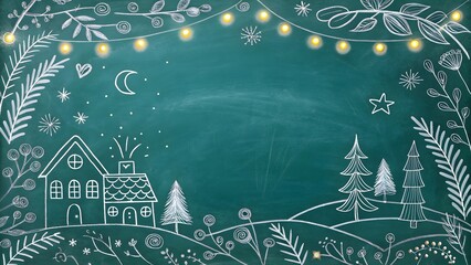 Whimsical chalkboard christmas village scene with twinkling lights