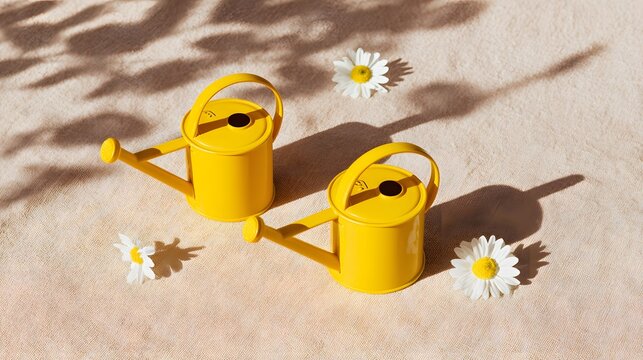 Two bright yellow watering cans beside white daisies on a beige surface. - Powered by Adobe