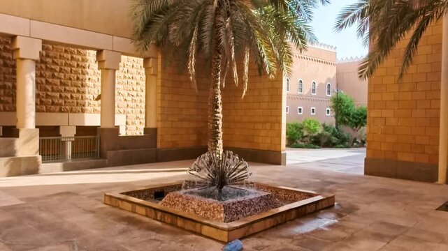 Riyadh, Saudi Arabia, 17.05.2025. Exterior of Al Murabba Historical Palace The Story of the Founding King s Palace in Riyadh. Inner courtyard with water fountain and palm trees, old Arabic style