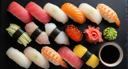Sushi nigiri assortment served on a black plate, overhead view