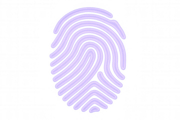 Purple fingerprint illuminating transparent surface, representing cybersecurity, biometric access, personal identification scanning