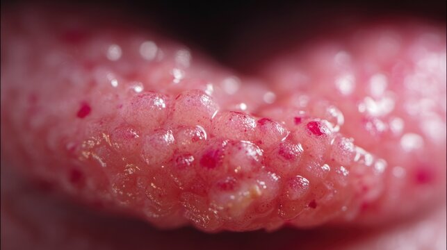 Extreme macro close-up of a human tongue, showcasing inflamed taste buds highlighted in red, a conceptual photo for sore throat or oral health issues.