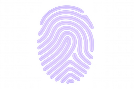 Purple fingerprint illuminating transparent surface, representing cybersecurity, biometric access, personal identification scanning
