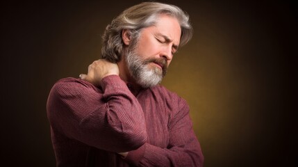 Obraz premium An elderly man with gray hair and beard wears a dark shirt, his eyes closed in pain as he clutches his neck,