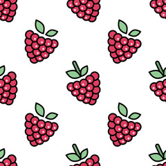 Cartoon seamless pattern of ripe red raspberries isolated on white background.