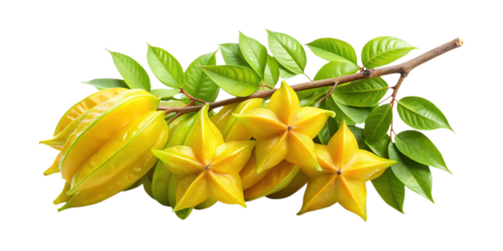 Star fruit also known as carambola arranged on a branch with leaves