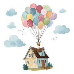 Naklejka premium House Floating with Balloons in a Dreamy Sky Illustration