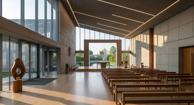 Sunlit Modern Sanctuary: A Minimalist Concrete Chapel with a View to a Reflecting Pool. - Powered by Adobe