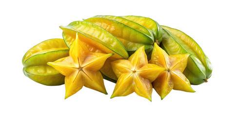 Fototapeta premium A bunch of star fruit, some cut into slices, on a white background