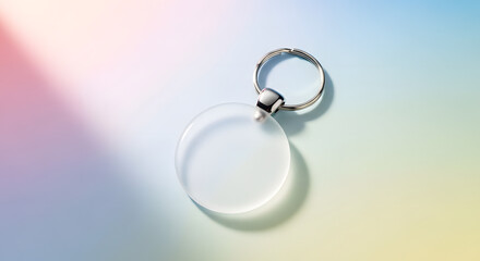 Minimalist clear circle keychain template with a metal ring, showcased on a vibrant pastel gradient background for creative product branding and mockups.