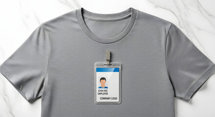 Professional employee identification badge mockup clipped onto a plain gray t-shirt for corporate branding concepts.
