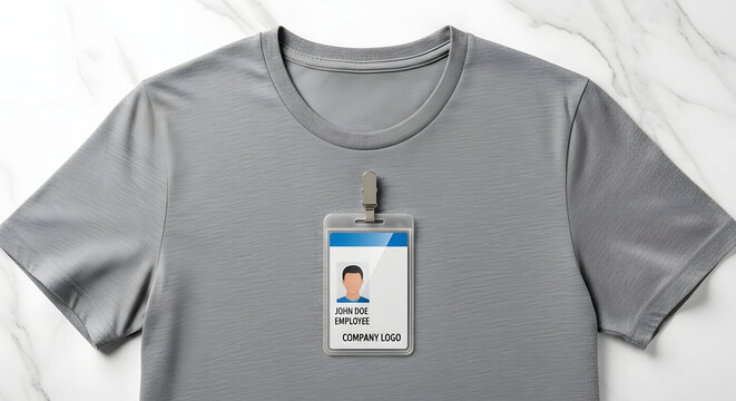 Professional employee identification badge mockup clipped onto a plain gray t-shirt for corporate branding concepts.