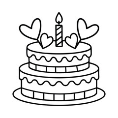Three-Tier Heart Cake with Candles - Cute & Cozy Coloring Book for Relaxation and Creativity. Easy, line art vector illustration, Coloring Pages for Kids & Adults