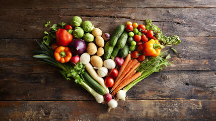 Fresh vegetables arranged in a heart shape on a rustic wooden table, showcasing natural colors.