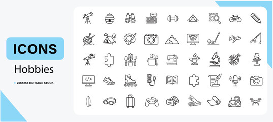 Vector art of hobbies icons set isolated on white background in modern outline style