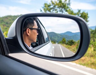 Man Looking Out Car Side Mirror Scenic Road Trip