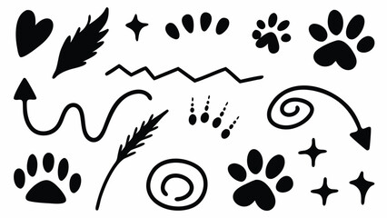 Collection of doodle elements including hearts arrows paw prints and abstract shapes in black and white