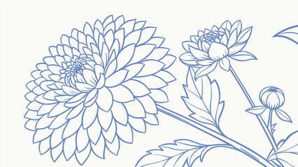 Elegant dahlia flower line art illustration isolated on white background, featuring intricate petals, leaves, and stems in a vintage style