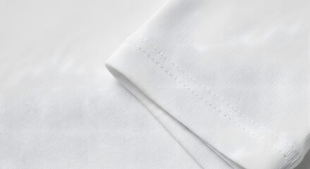 Pristine white t-shirt sleeve detail. A close-up view of the fabric, hem, and seams on a clean cotton garment.
