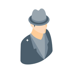 A modern isometric icon of detective person with hat