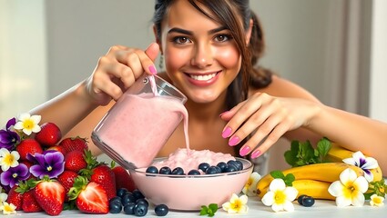 Woman pouring pink smoothie into a bowl with blueberries surrounded by fruits and flowers