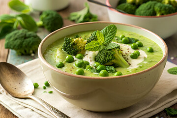 Creamy broccoli and green pea soup with fresh mint, healthy lunch bowl.