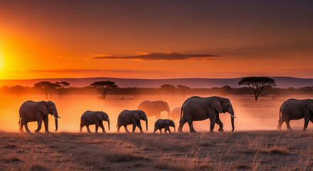 Elephant family walking in the African savannah at sunset