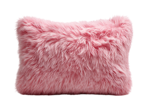 Decorative pink fur pillow cozy bedroom home soft environment, isolated on transparent background, png