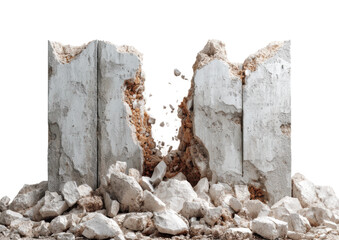 Destruction of concrete wall construction site urban environment, isolated on transparent background, png