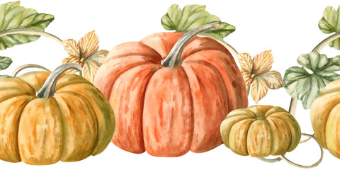 Seamless border with ripe pumpkins. Isolated watercolor illustration for interior design, Harvest Festival decoration, printing on kitchen textiles, seasonal menu design.