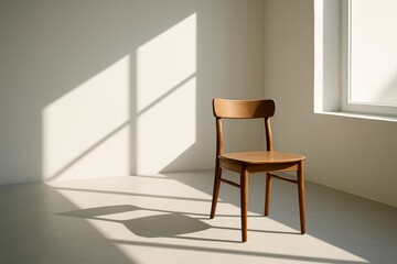 Sunlit wooden chair in a minimalist room with window shadows and copy space, modern interior decor background.